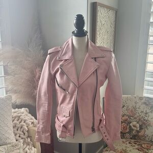 Understated Leather Pink Zipper Belted Collared Biker Jacket Women’s XS